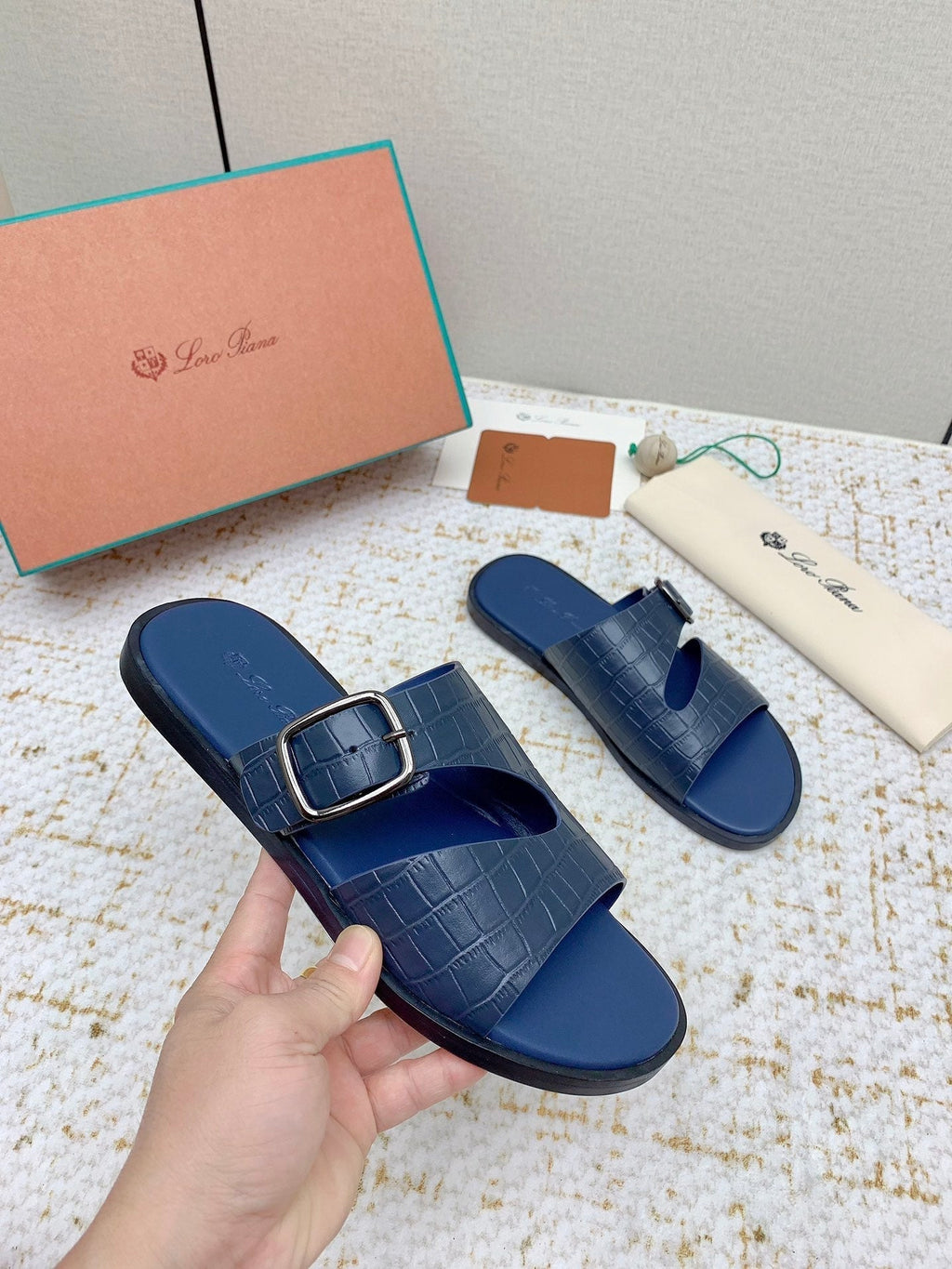 LP Men Sandals In Classic Blue Snake Embossed Calfskin