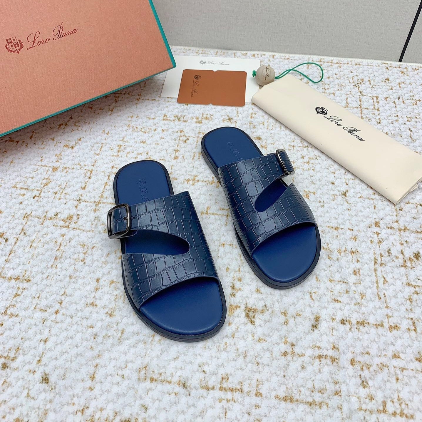 LP Men Sandals In Classic Blue Snake Embossed Calfskin