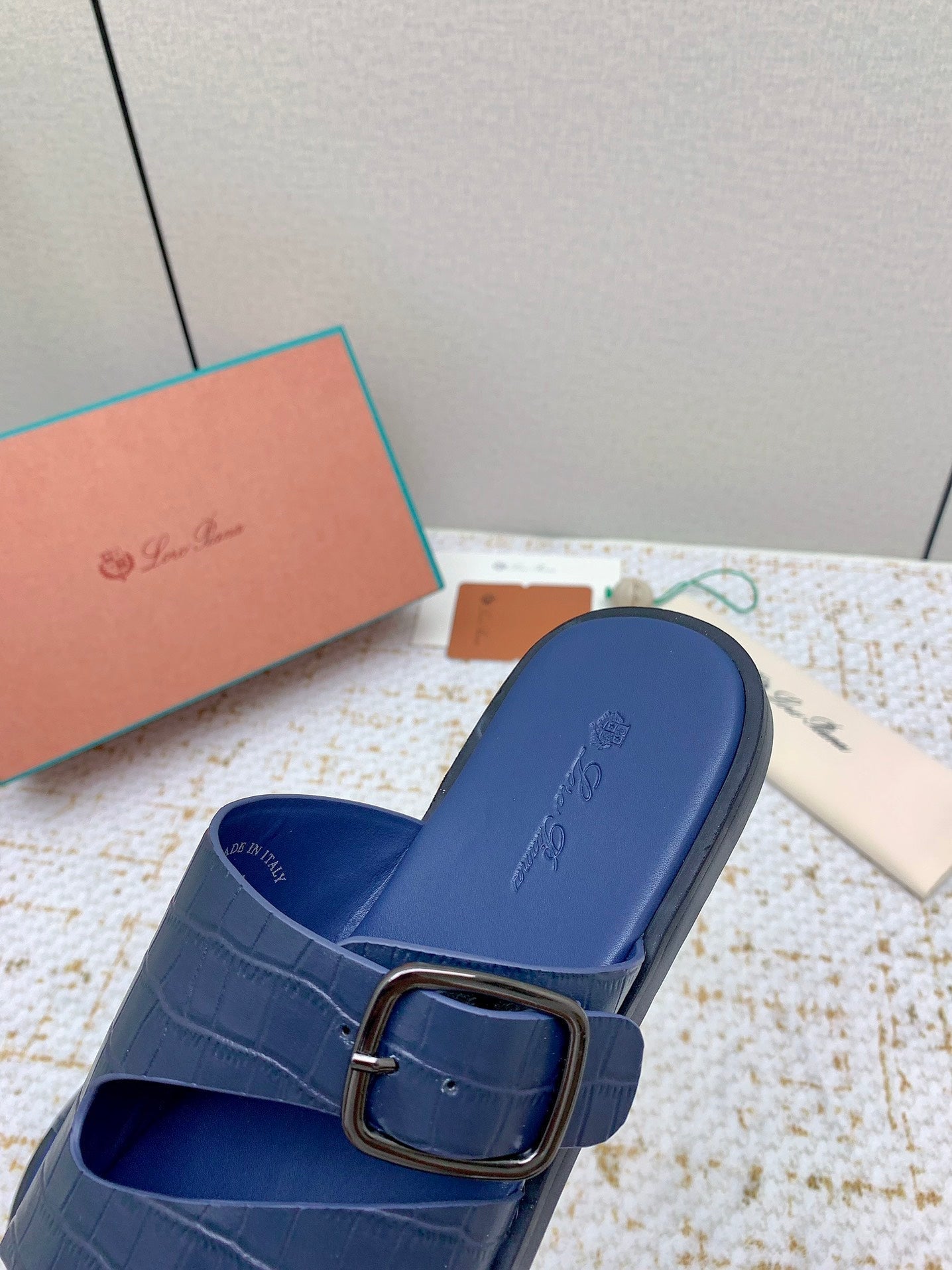 LP Men Sandals In Classic Blue Snake Embossed Calfskin