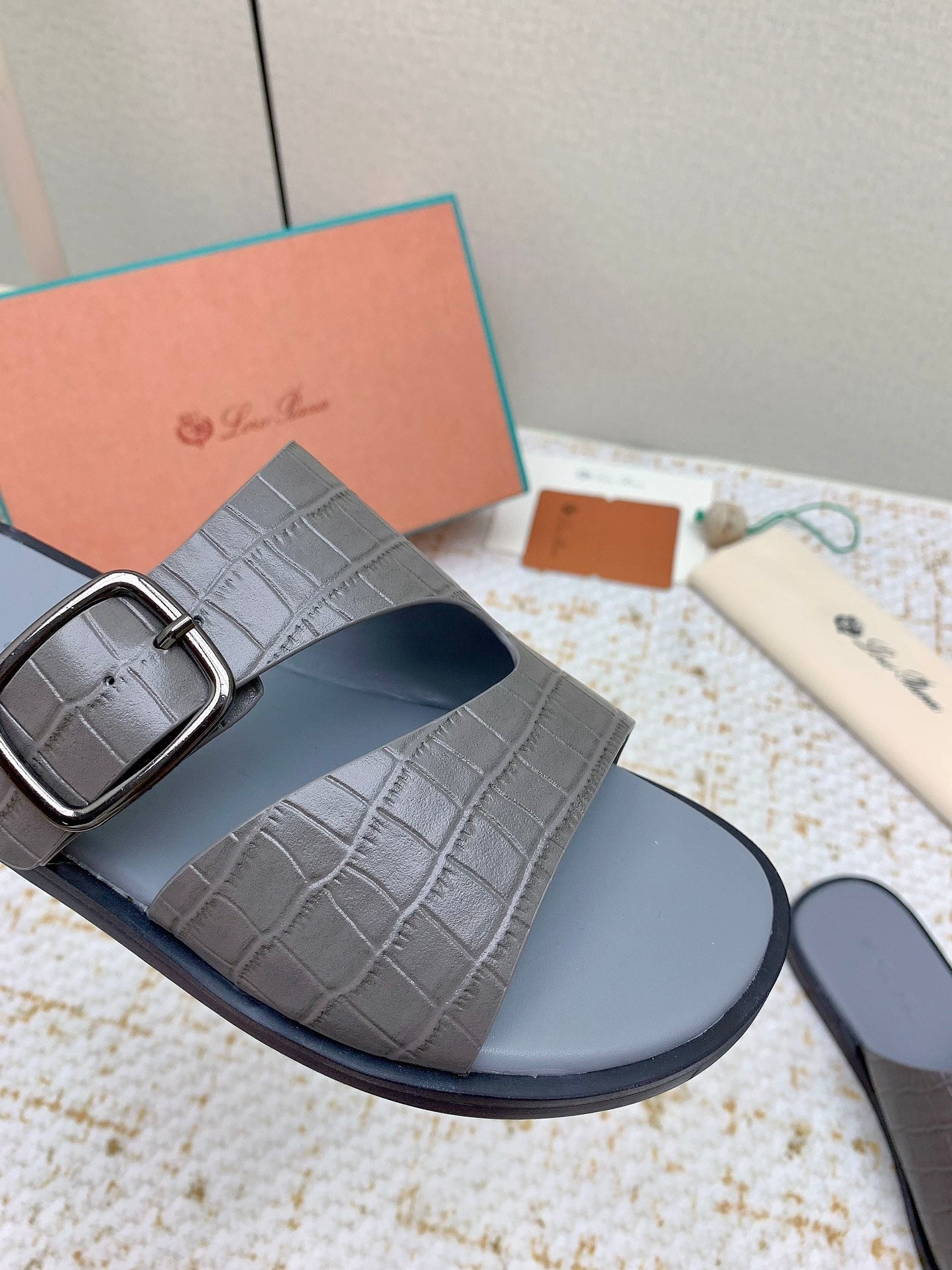LP Men Sandals In Dark Gray Snake Embossed Calfskin