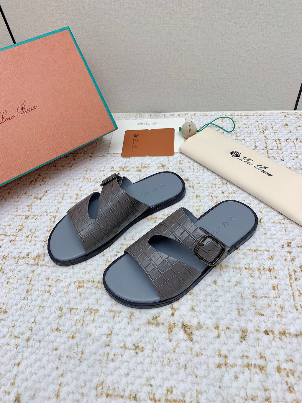 LP Men Sandals In Dark Gray Snake Embossed Calfskin