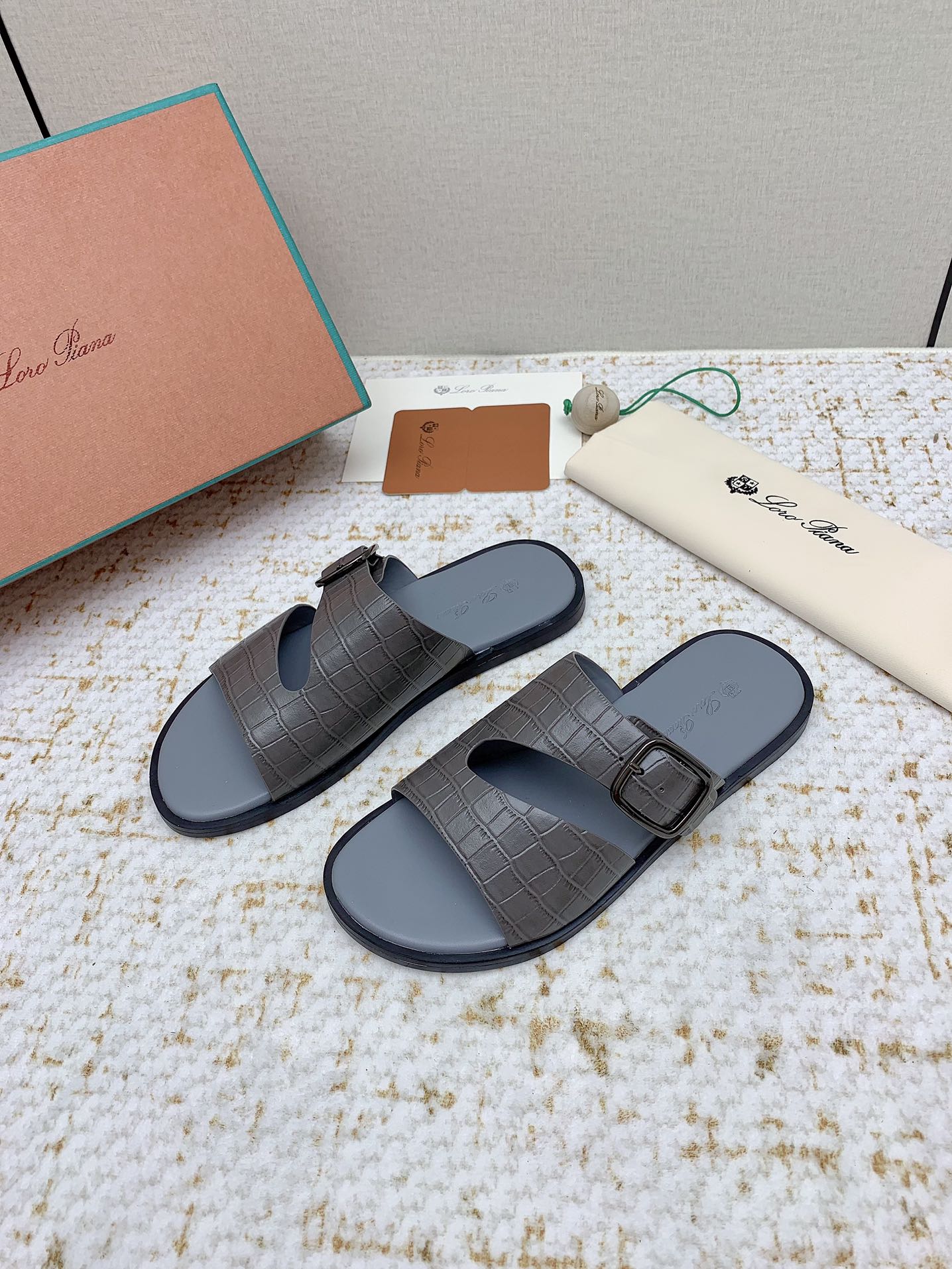 LP Men Sandals In Dark Gray Snake Embossed Calfskin