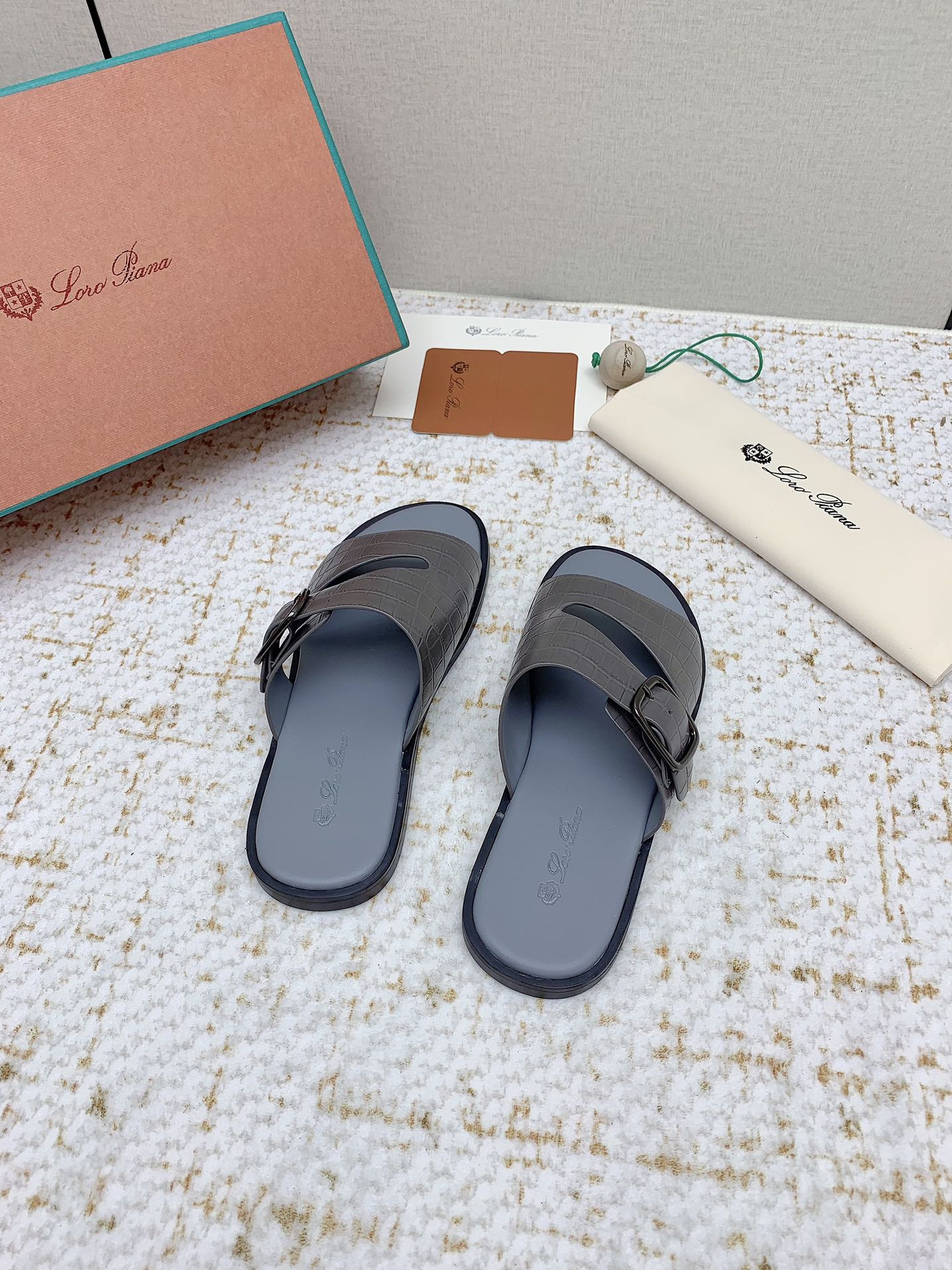 LP Men Sandals In Dark Gray Snake Embossed Calfskin