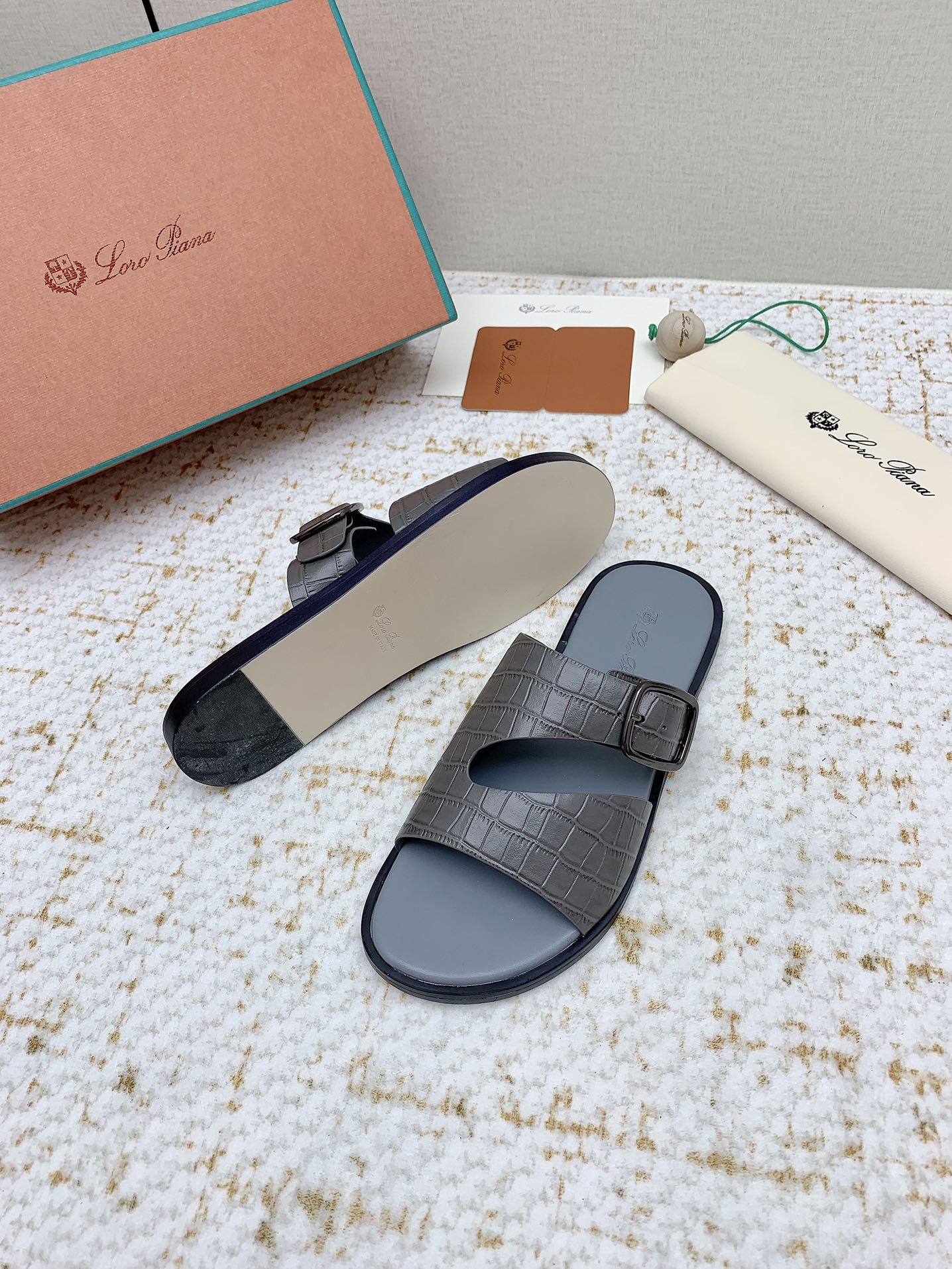 LP Men Sandals In Dark Gray Snake Embossed Calfskin