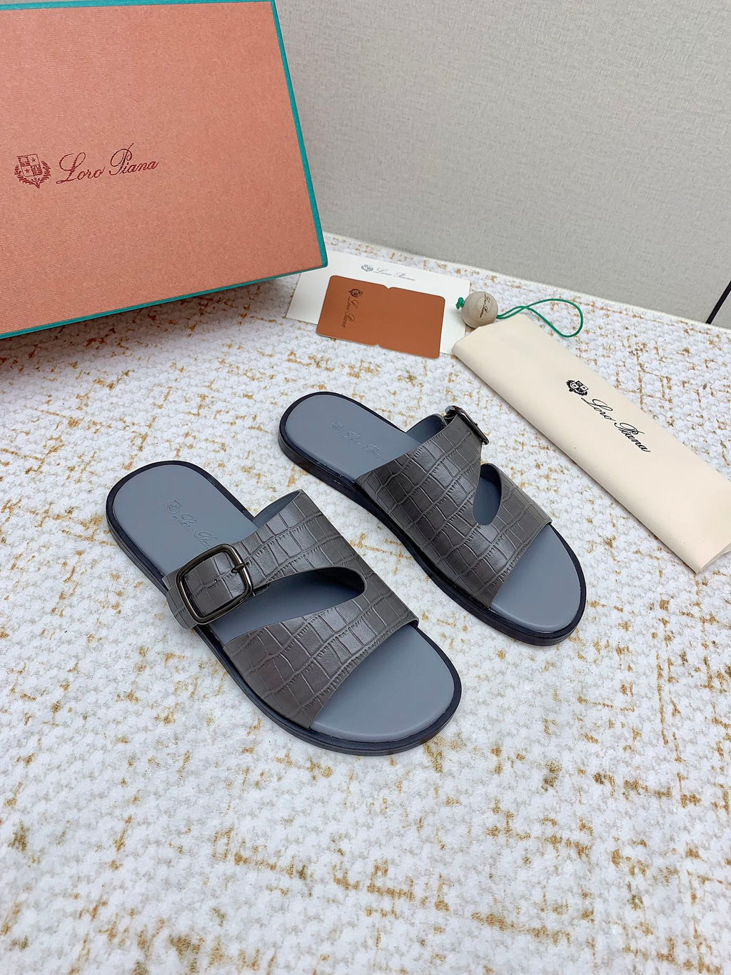 LP Men Sandals In Dark Gray Snake Embossed Calfskin