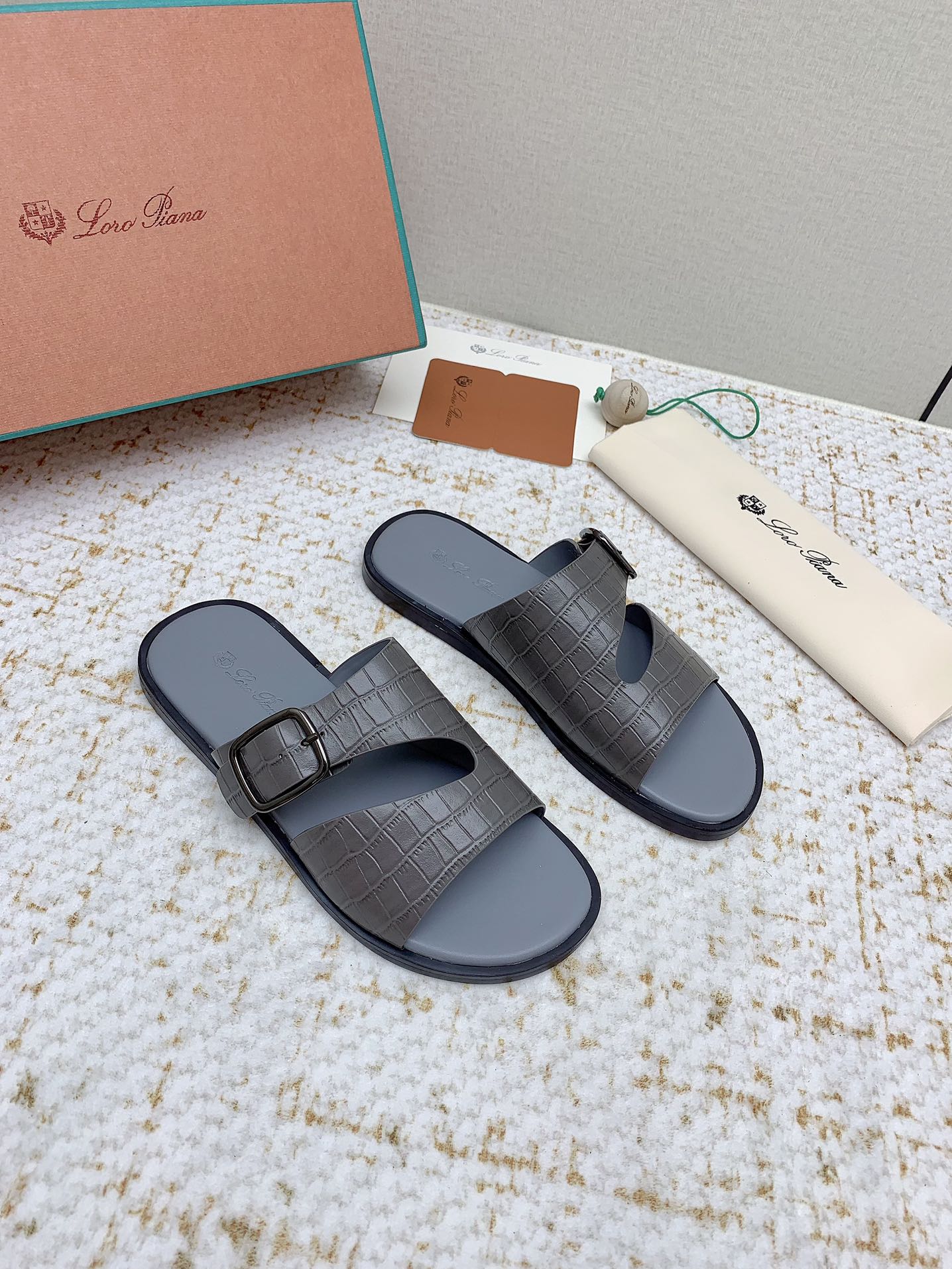 LP Men Sandals In Dark Gray Snake Embossed Calfskin