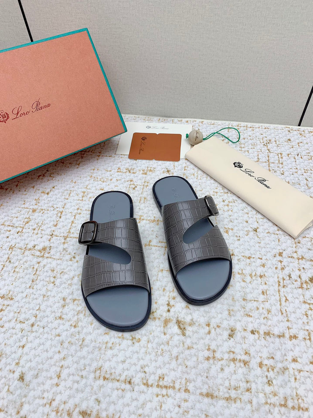 LP Men Sandals In Dark Gray Snake Embossed Calfskin