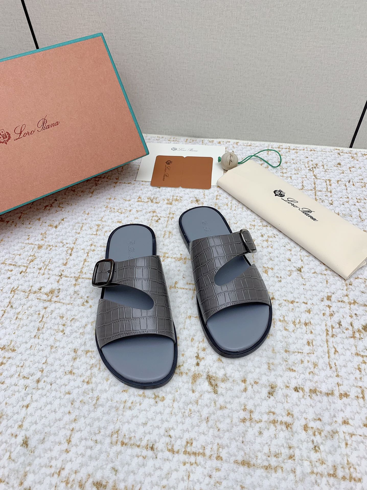 LP Men Sandals In Dark Gray Snake Embossed Calfskin