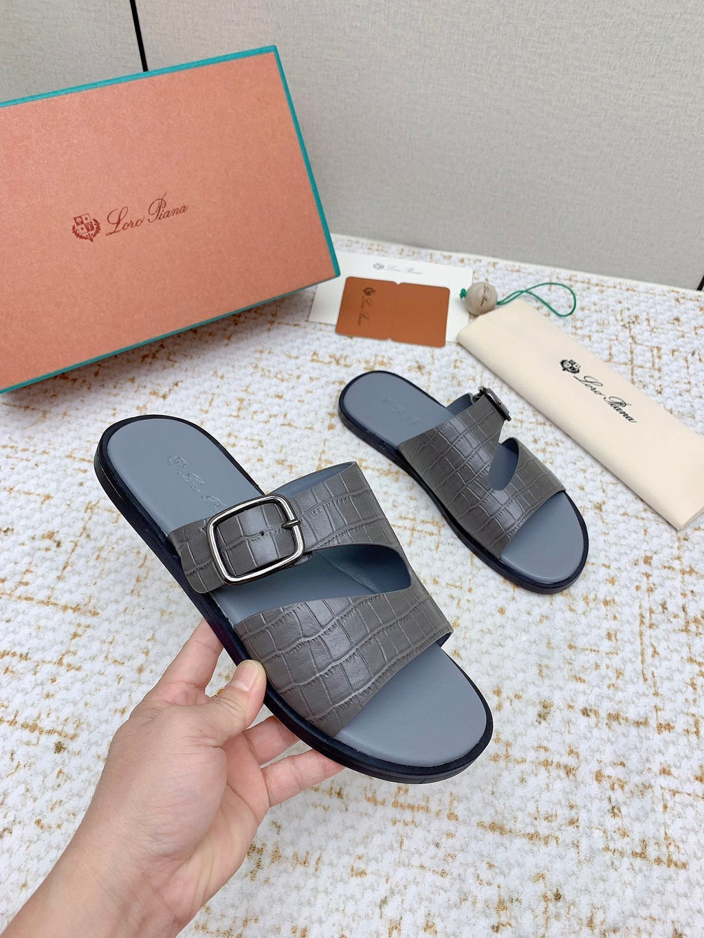 LP Men Sandals In Dark Gray Snake Embossed Calfskin