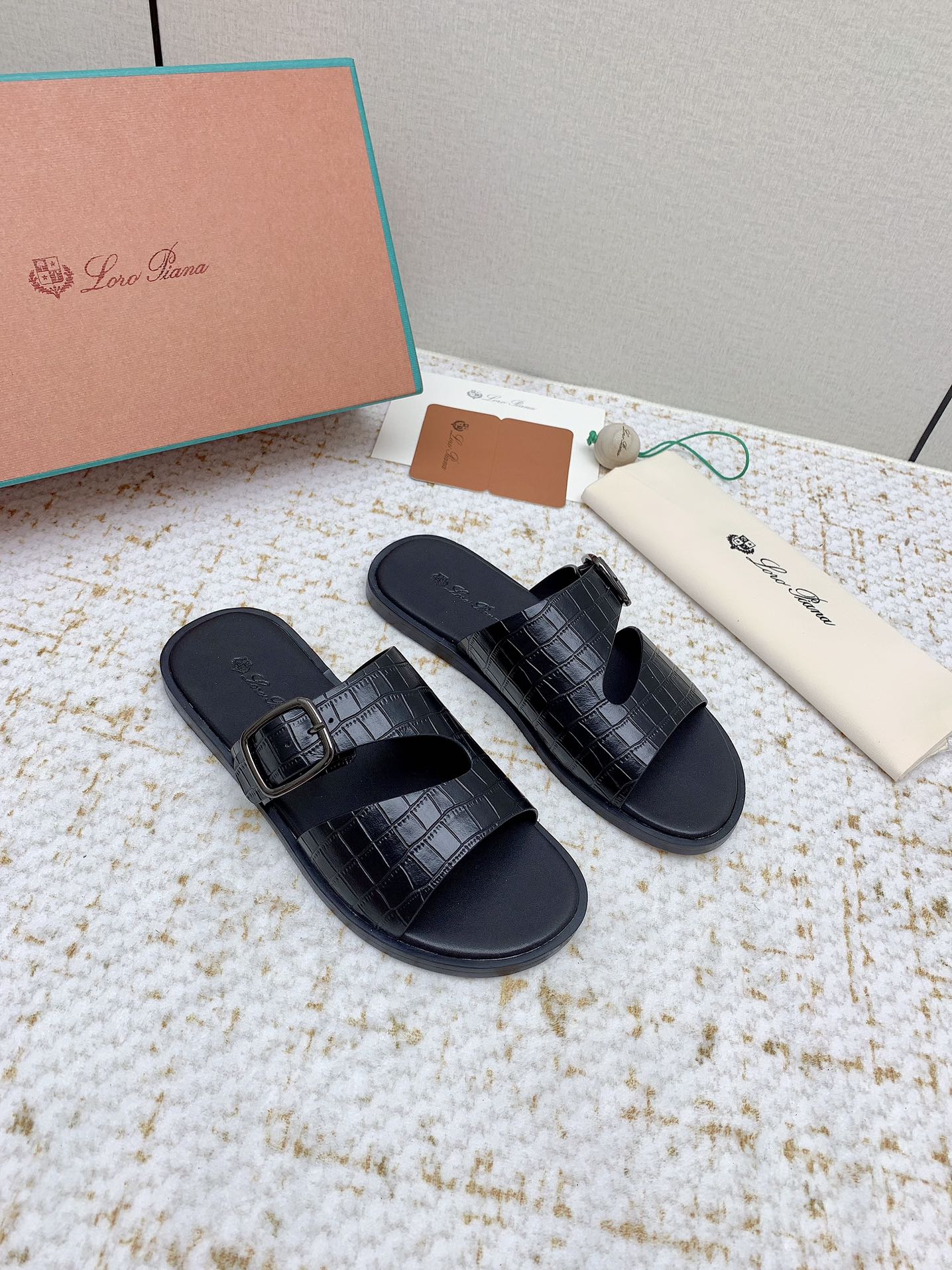 LP Men Sandals In Black Snake Embossed Calfskin