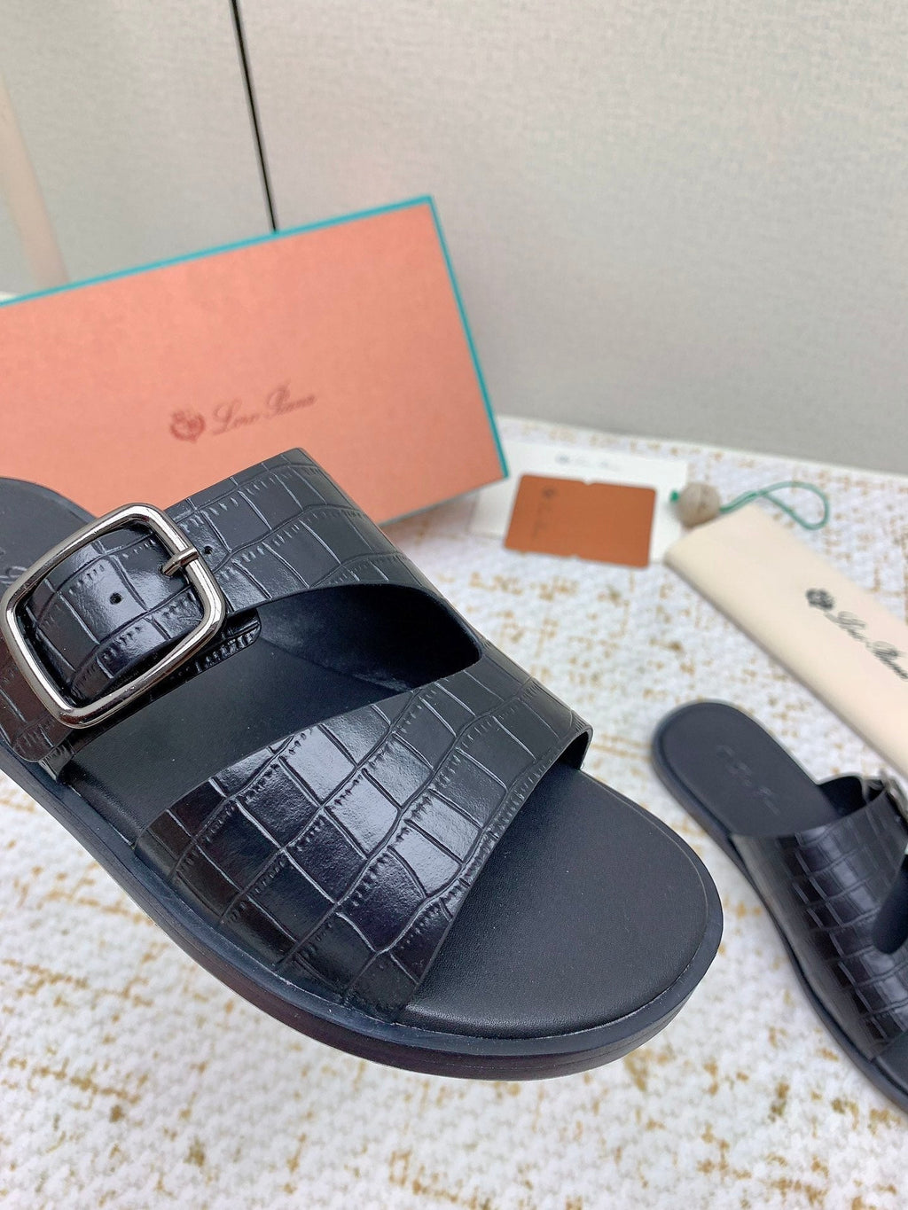 LP Men Sandals In Black Snake Embossed Calfskin