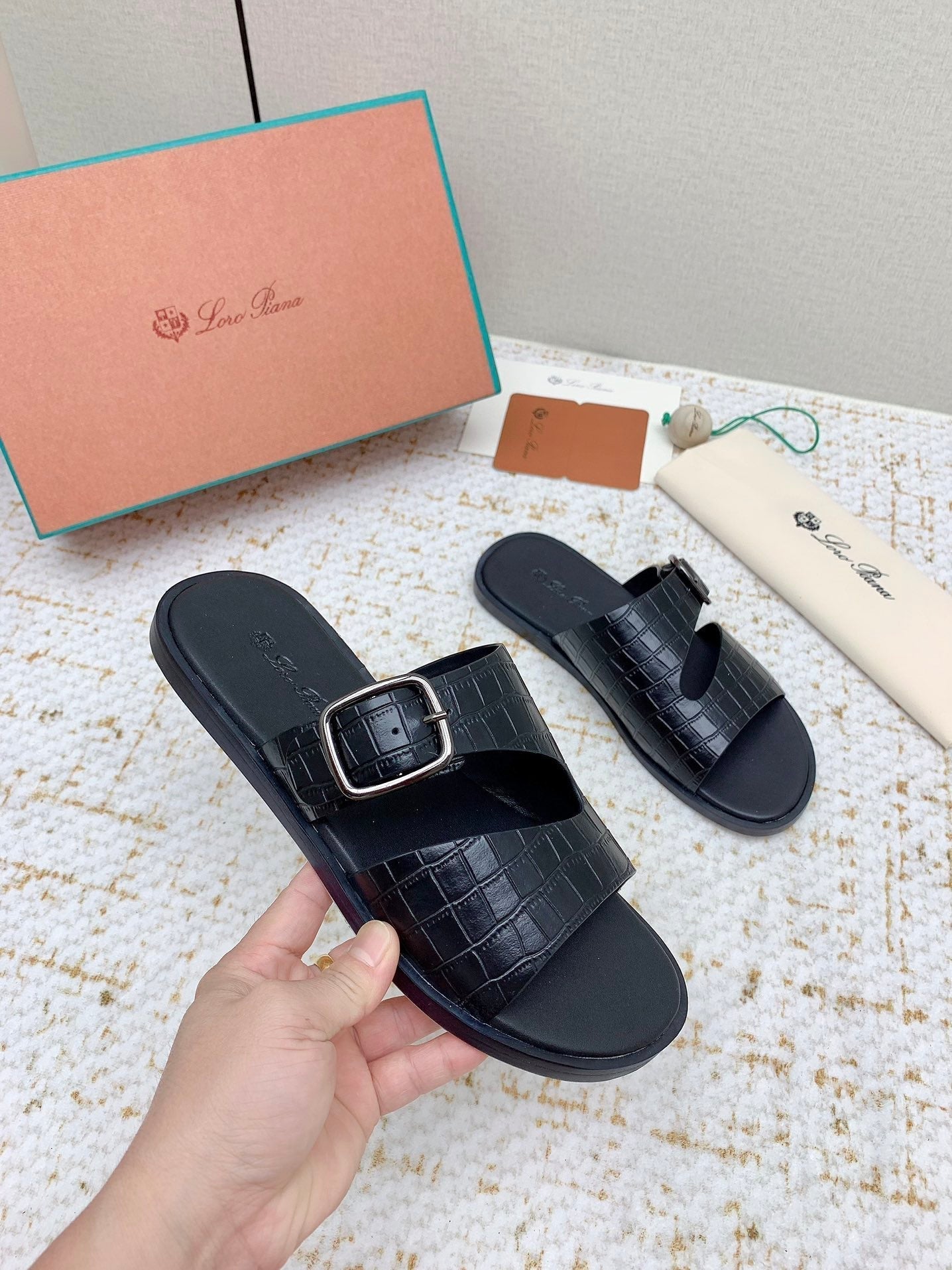 LP Men Sandals In Black Snake Embossed Calfskin
