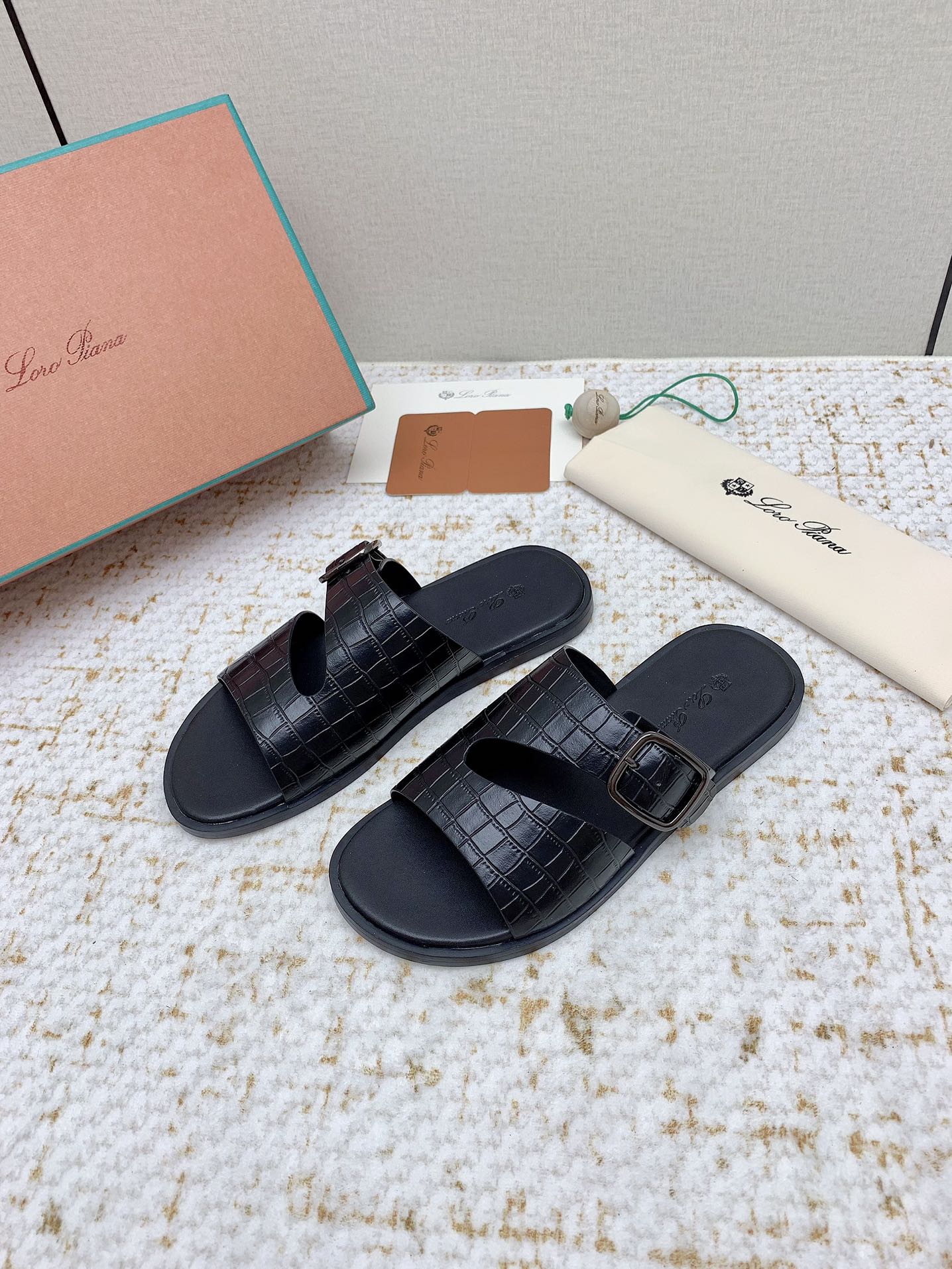 LP Men Sandals In Black Snake Embossed Calfskin