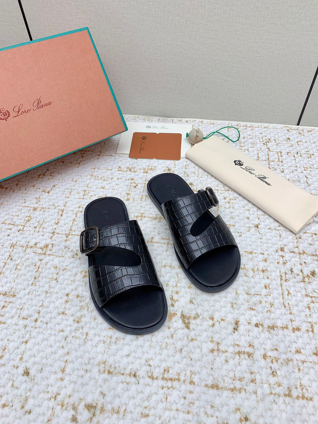 LP Men Sandals In Black Snake Embossed Calfskin