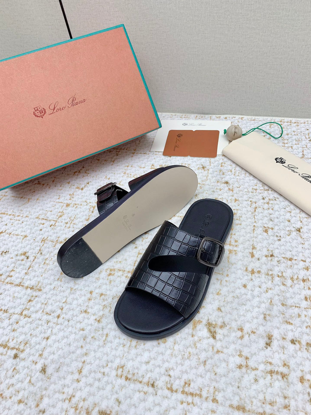 LP Men Sandals In Black Snake Embossed Calfskin