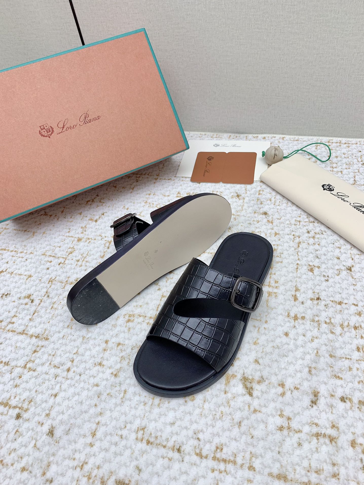 LP Men Sandals In Black Snake Embossed Calfskin