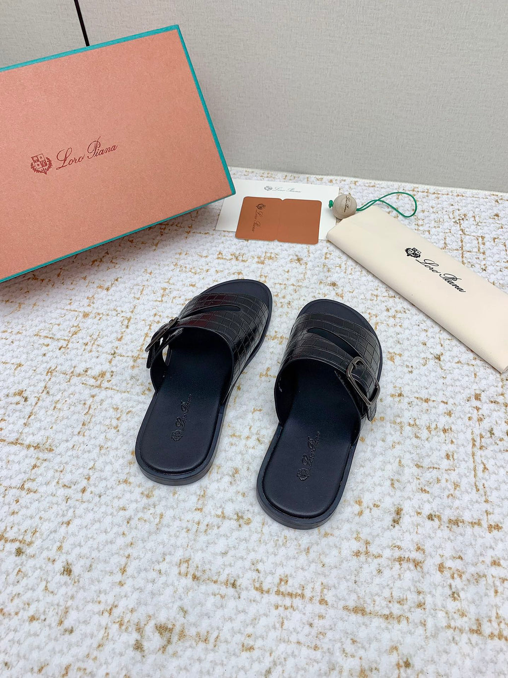 LP Men Sandals In Black Snake Embossed Calfskin