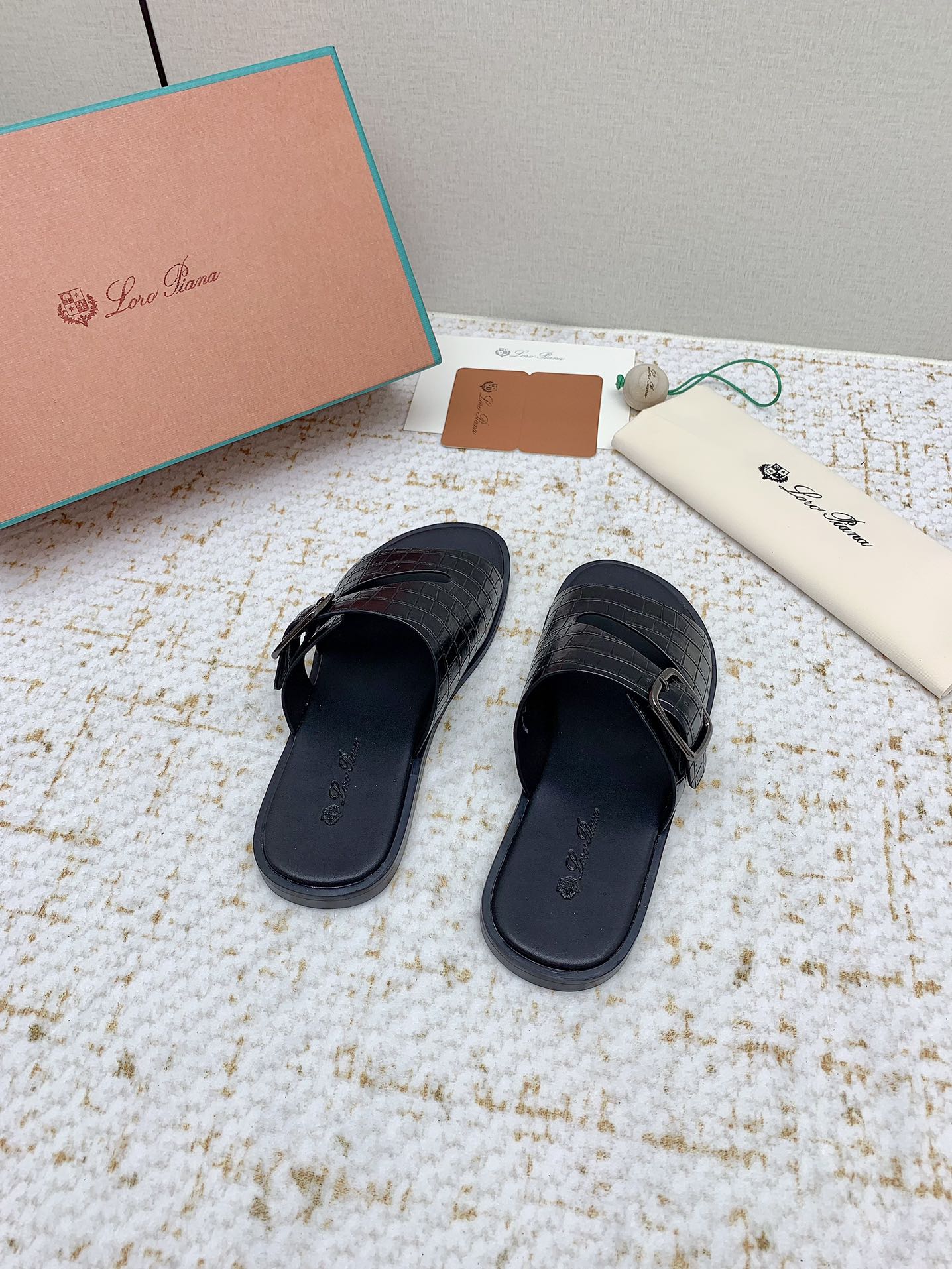 LP Men Sandals In Black Snake Embossed Calfskin
