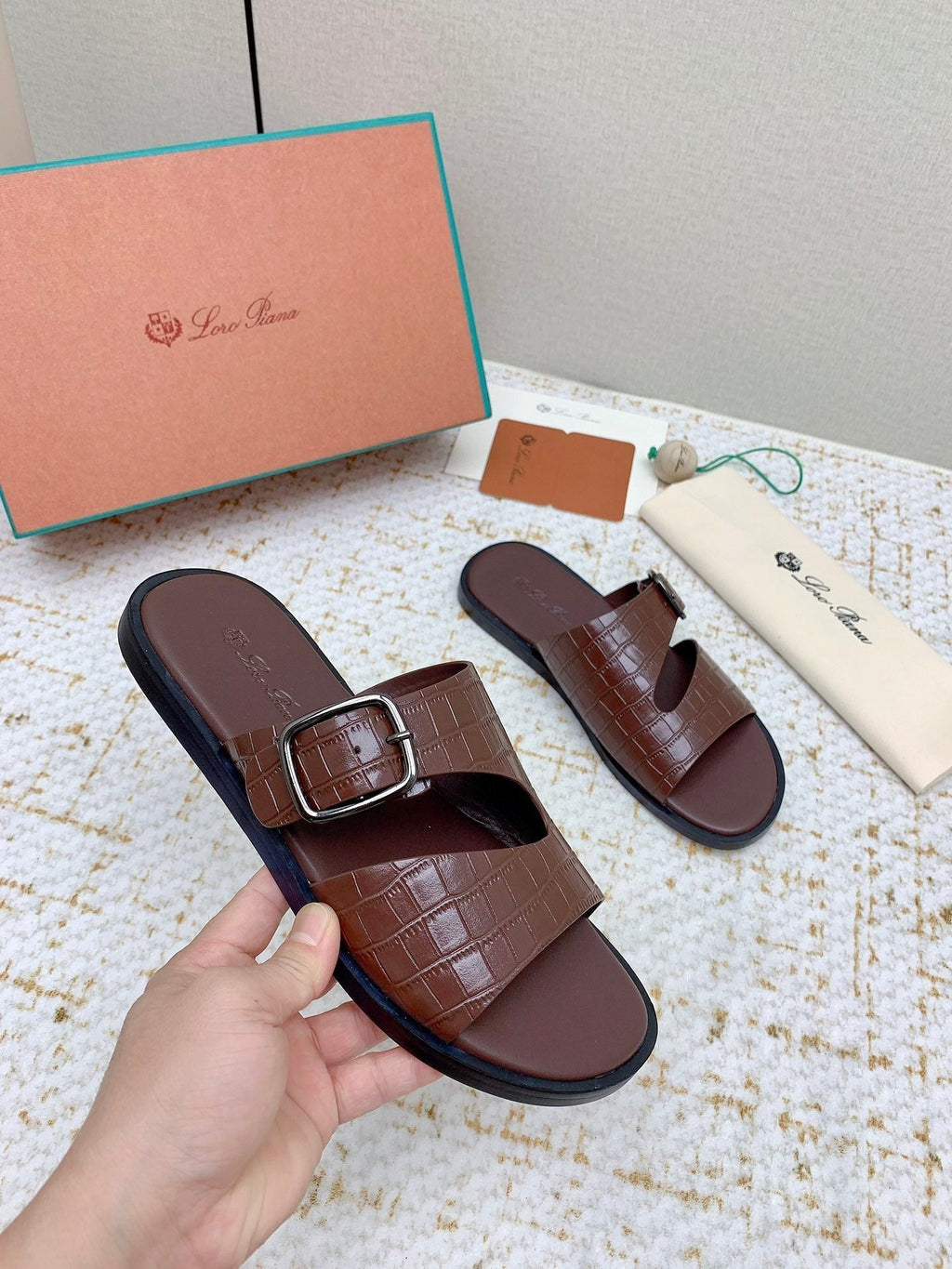 LP Men Sandals In Brown Snake Embossed Calfskin