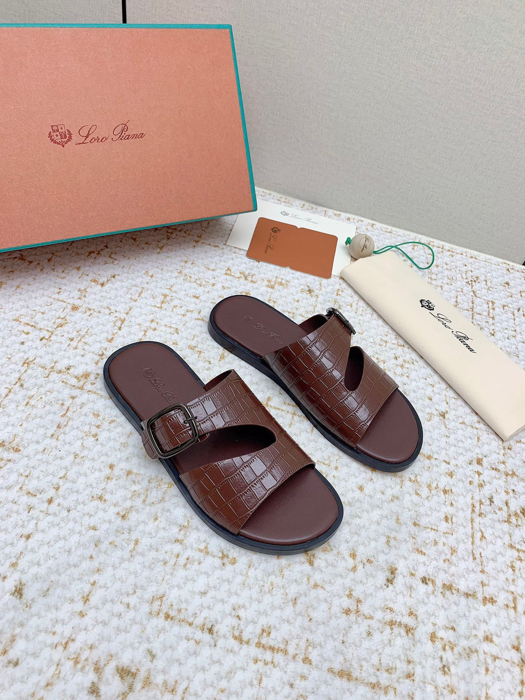 LP Men Sandals In Brown Snake Embossed Calfskin