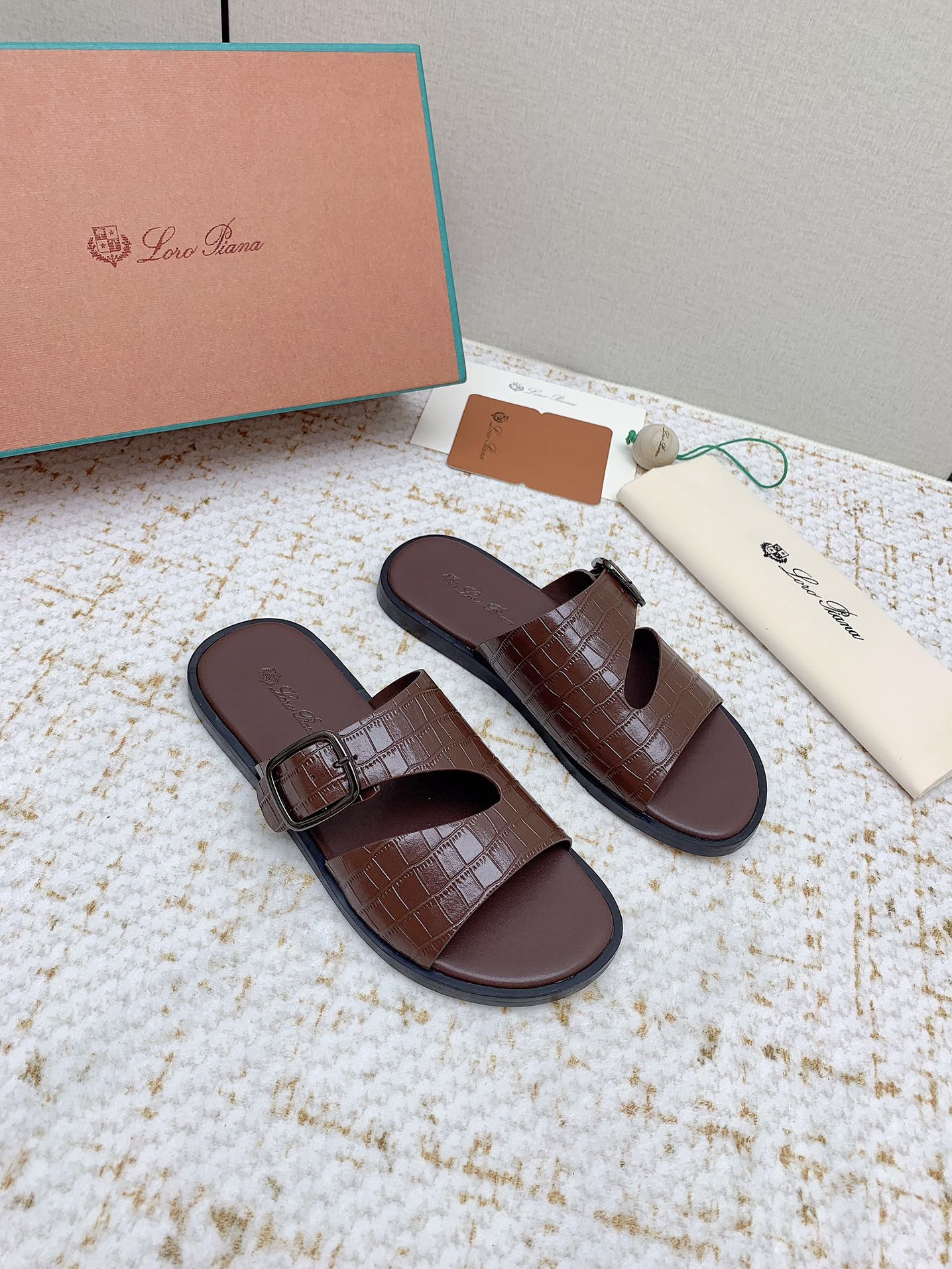 LP Men Sandals In Brown Snake Embossed Calfskin