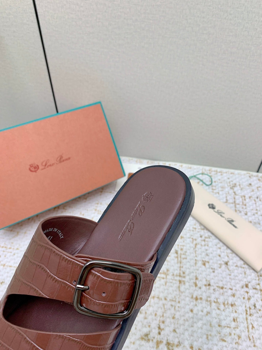 LP Men Sandals In Brown Snake Embossed Calfskin