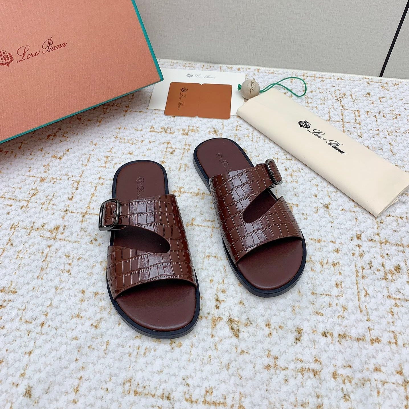 LP Men Sandals In Brown Snake Embossed Calfskin