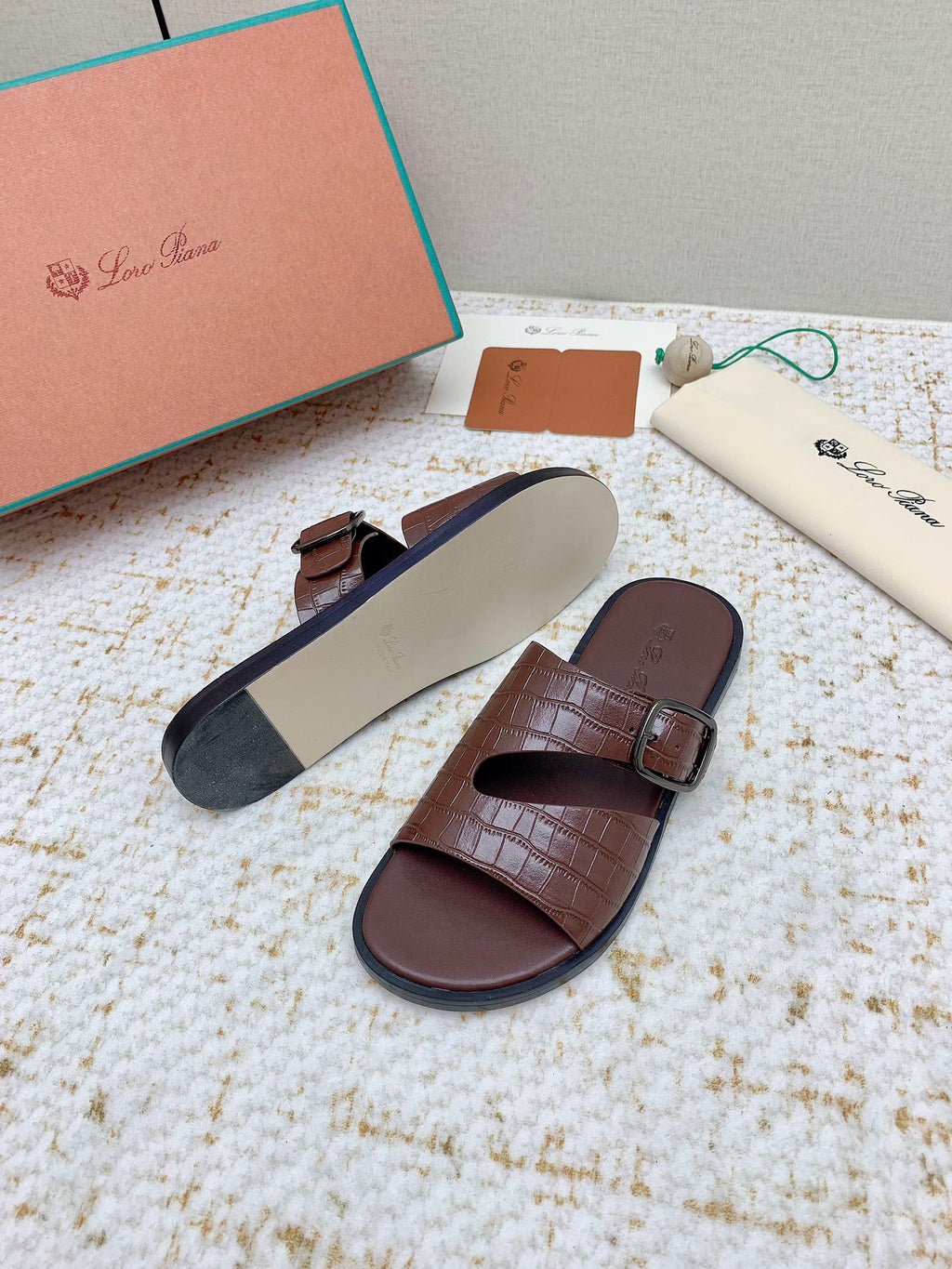 LP Men Sandals In Brown Snake Embossed Calfskin