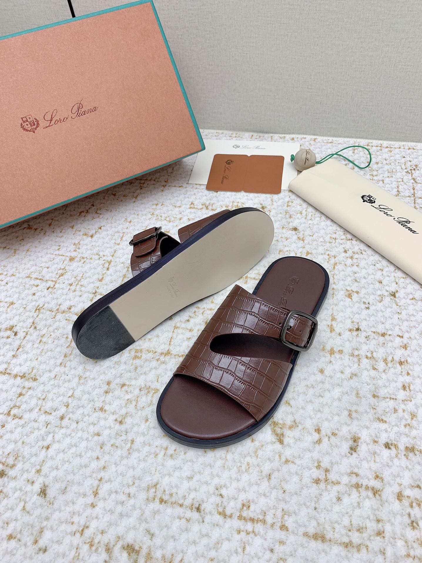 LP Men Sandals In Brown Snake Embossed Calfskin