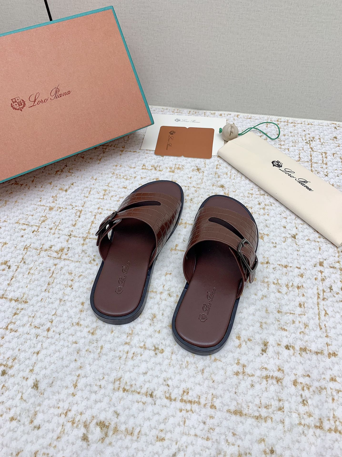 LP Men Sandals In Brown Snake Embossed Calfskin