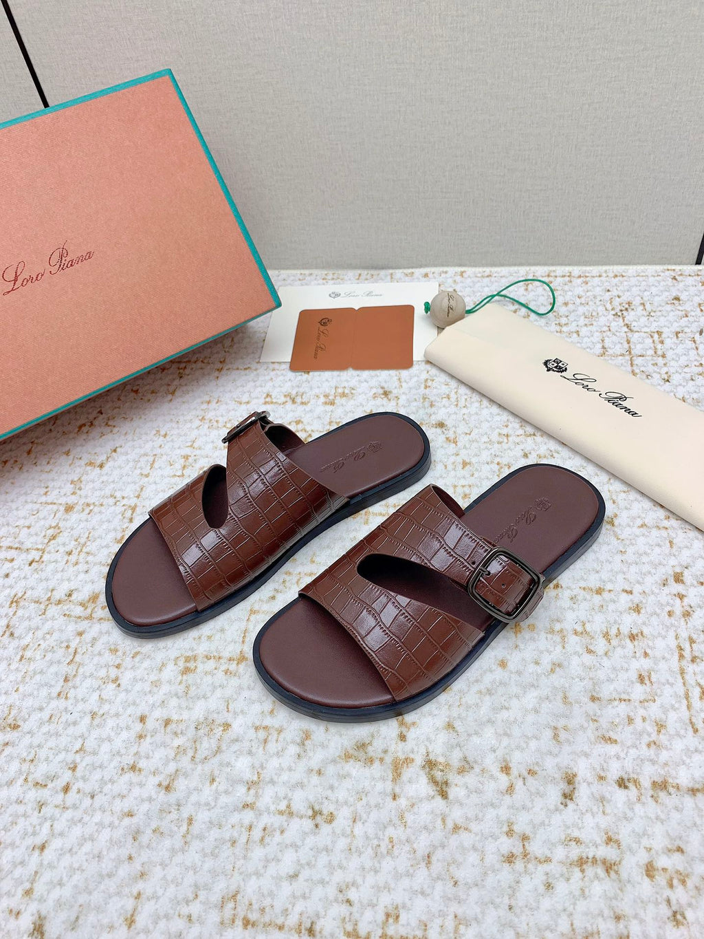 LP Men Sandals In Brown Snake Embossed Calfskin