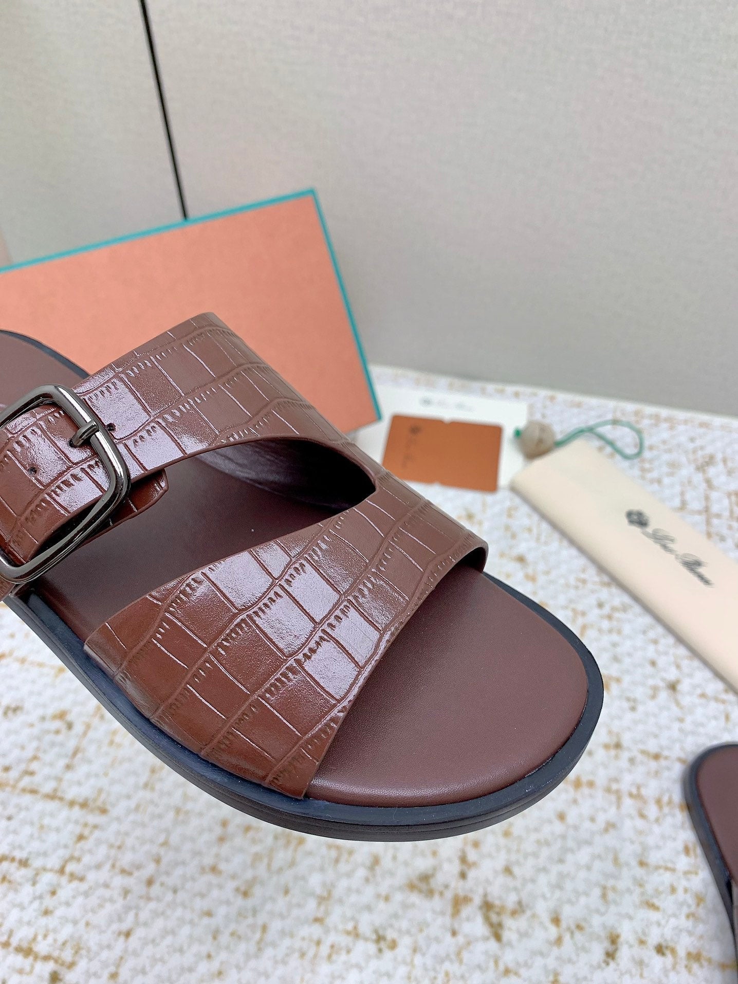LP Men Sandals In Brown Snake Embossed Calfskin
