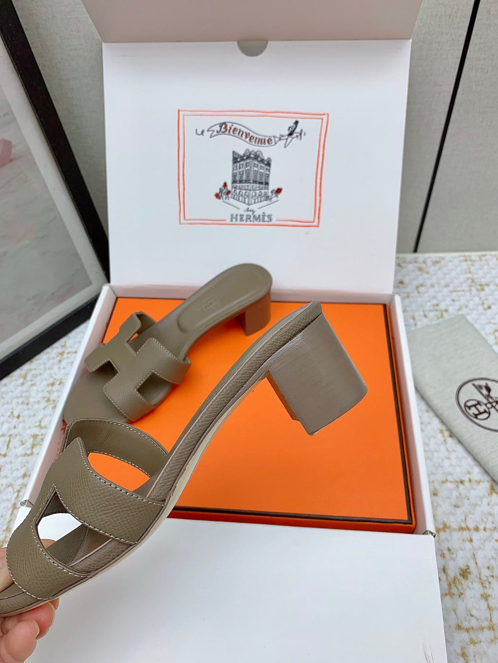 HERMES OASIS SANDAL HEEL 50MM IN TAUPE BROWN CALFSKIN