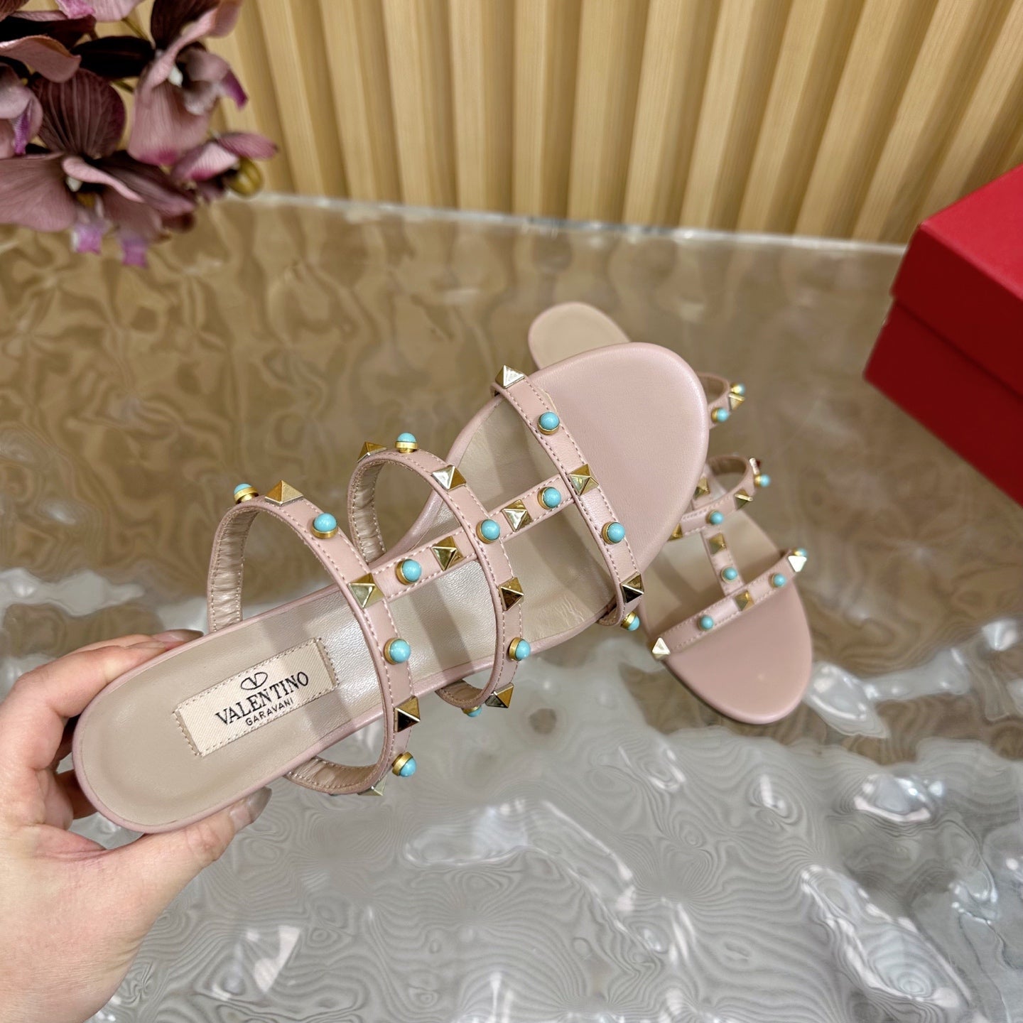 Rockstud Leather Caged Mule Sandals 60mm Pale Pink Sheepskin 307861