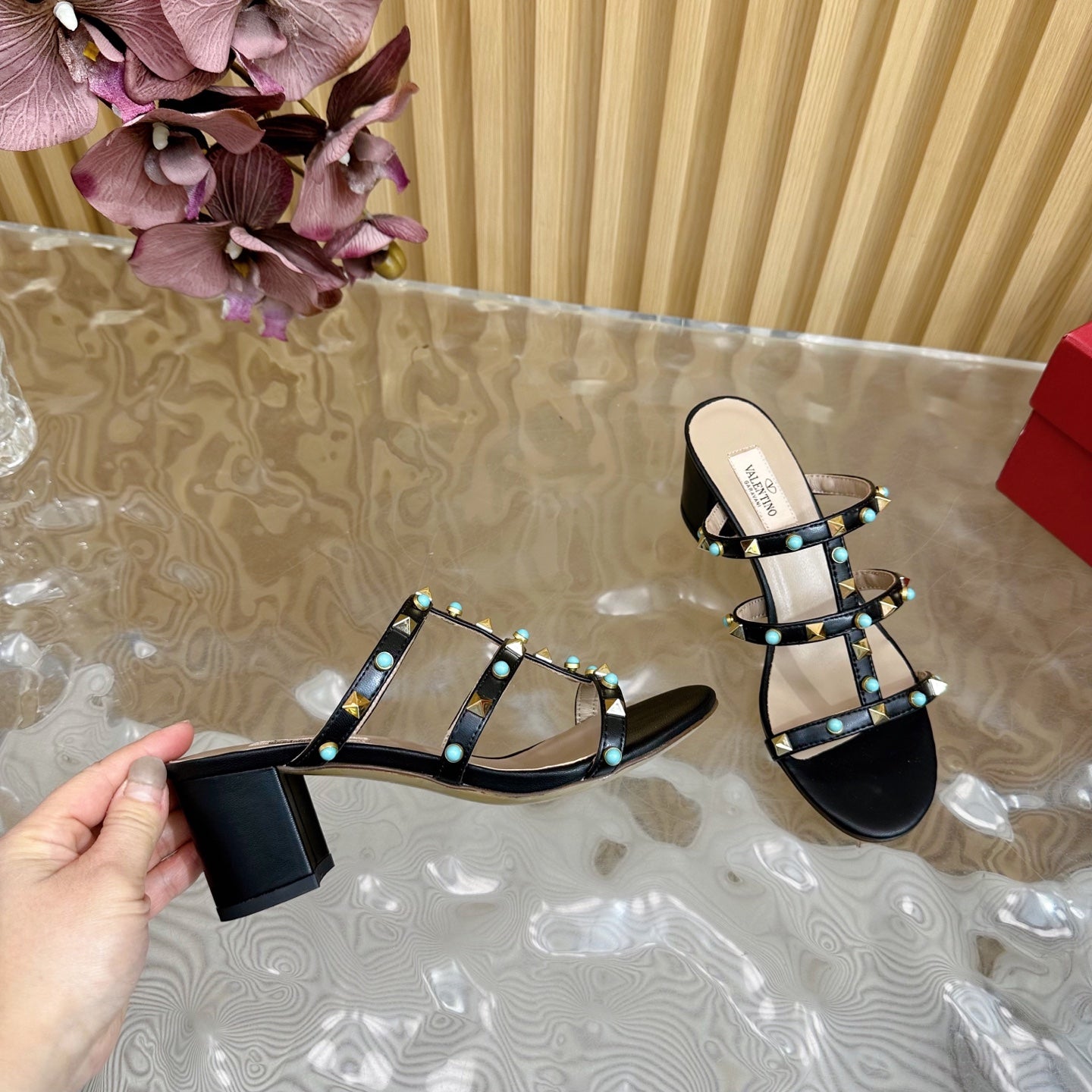 Rockstud Leather Caged Mule Sandals 60mm Black Sheepskin 307862