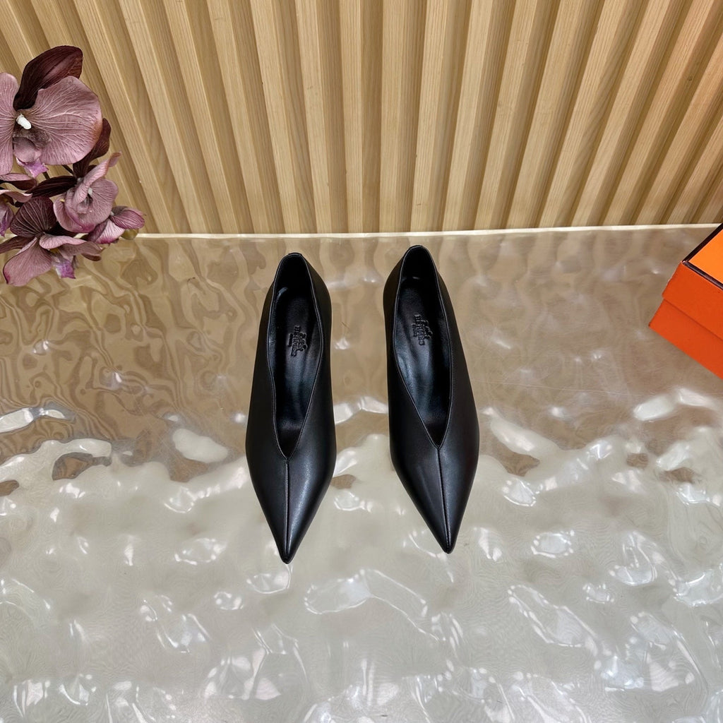 HERMES 25S HIGH-HEEL WEDGE SHOES 50 MM IN BLACK LAMBSKIN
