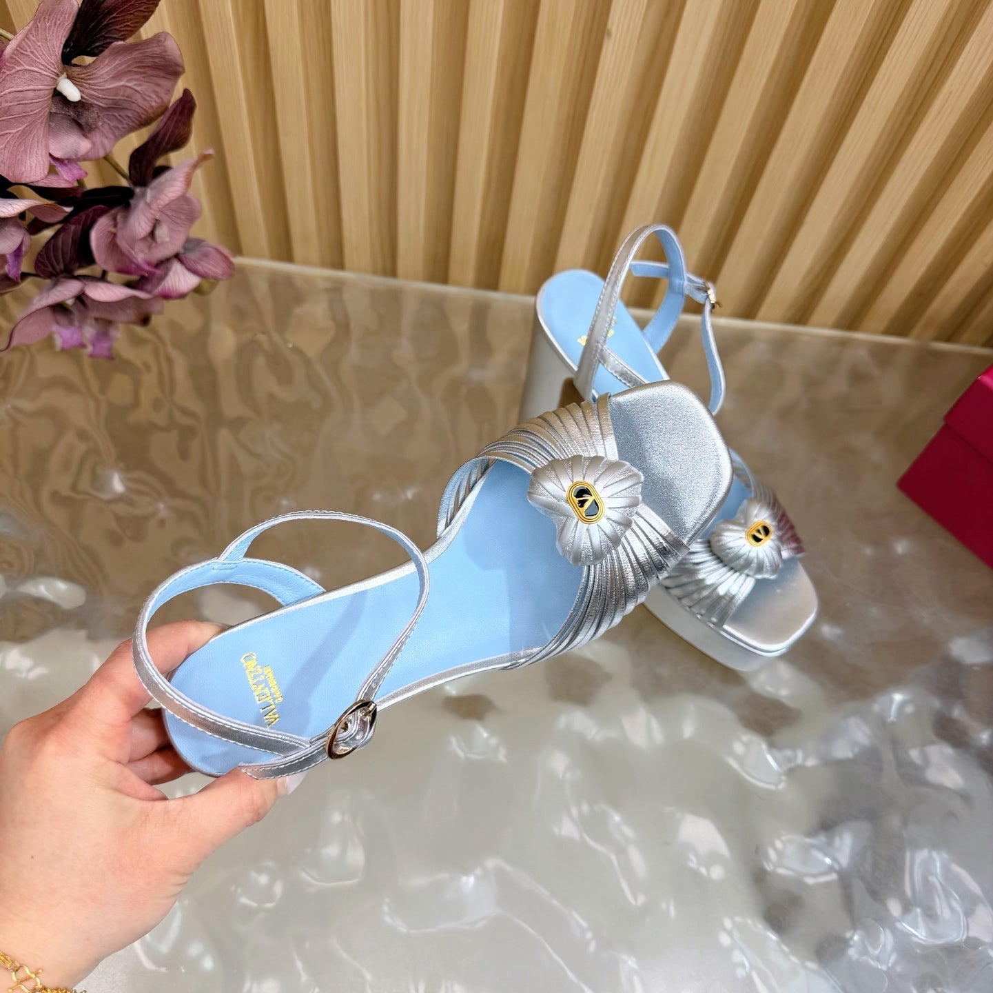 Valentino Royal Sandal 11.5cm Sliver Blue Leather 702271