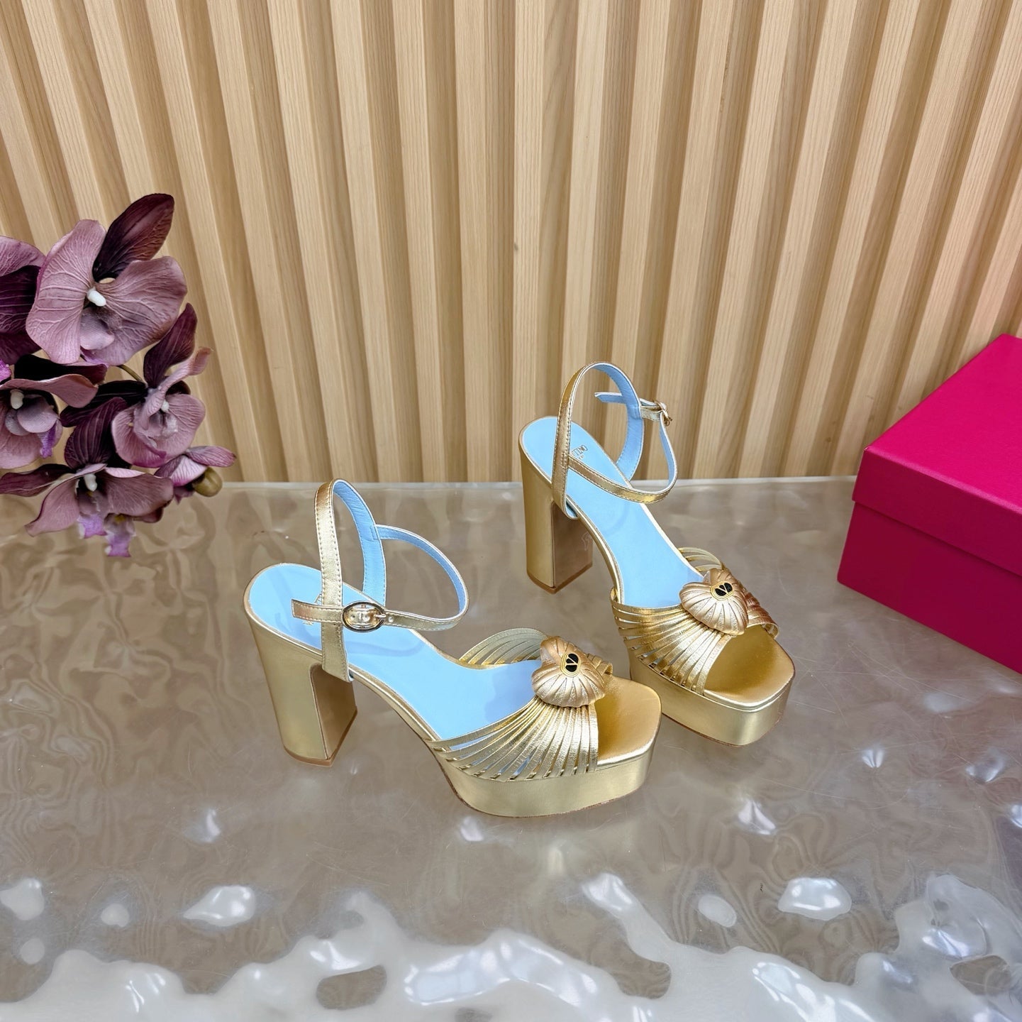 Valentino Royal Sandal 11.5cm Gold Blue Leather 702272