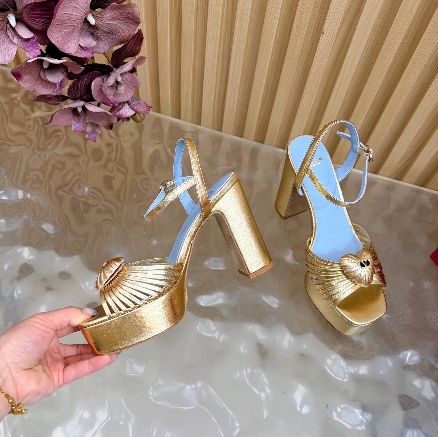 Valentino Royal Sandal 11.5cm Gold Blue Leather 702272