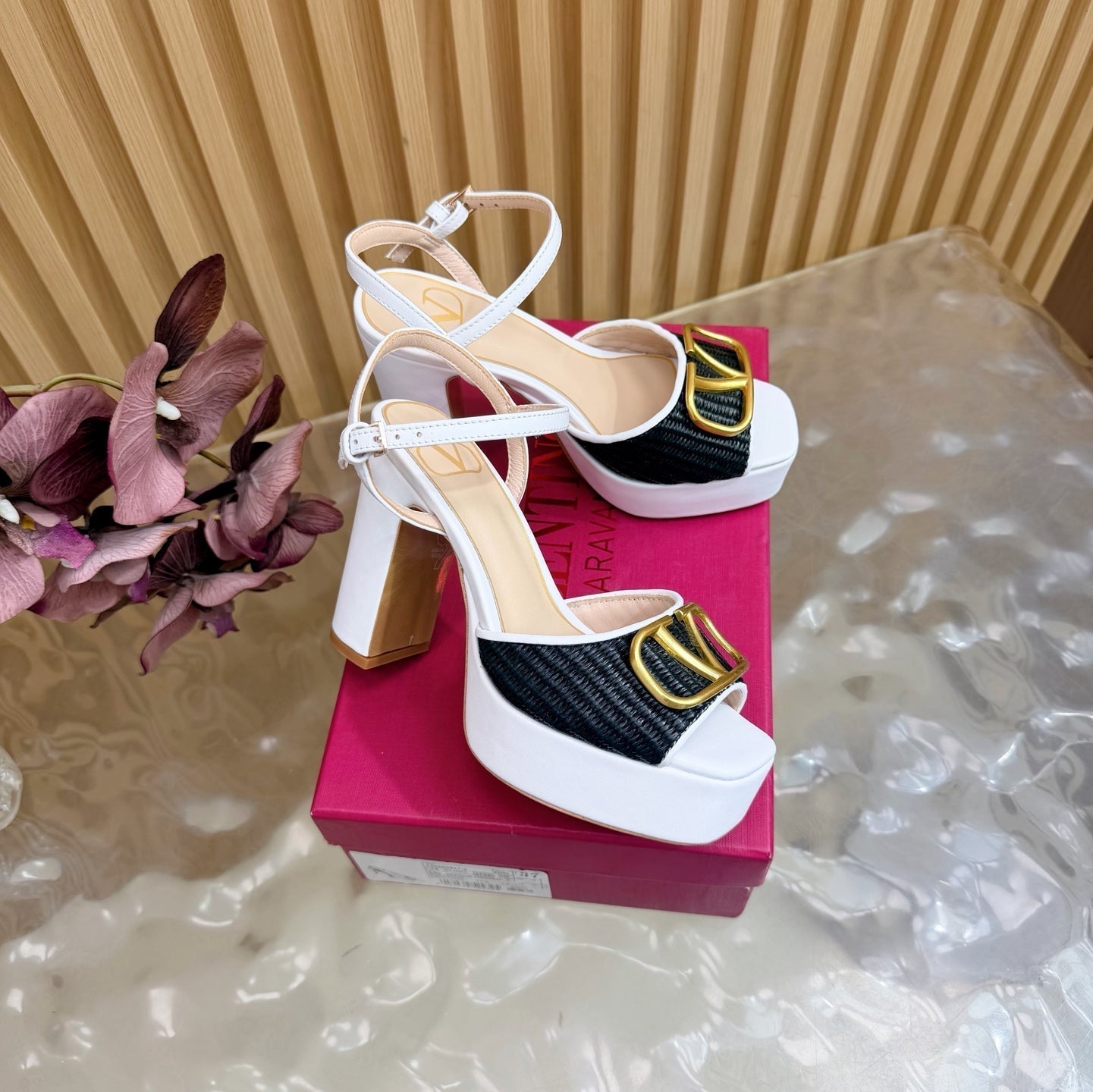 Valentino Signature Platform Sandal Black White Leather Raffia 702264