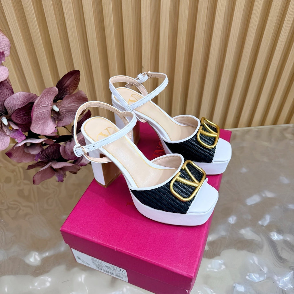 Valentino Signature Platform Sandal Black White Leather Raffia 702264