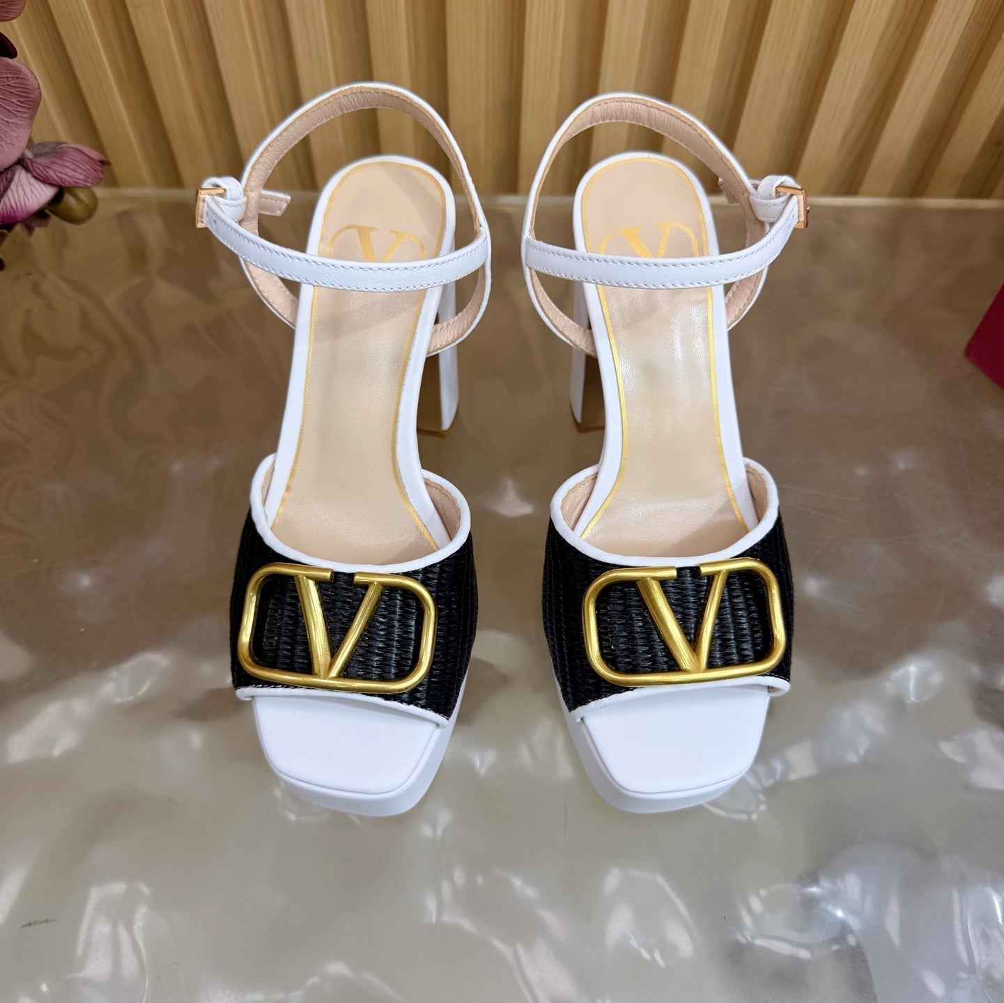 Valentino Signature Platform Sandal Black White Leather Raffia 702264