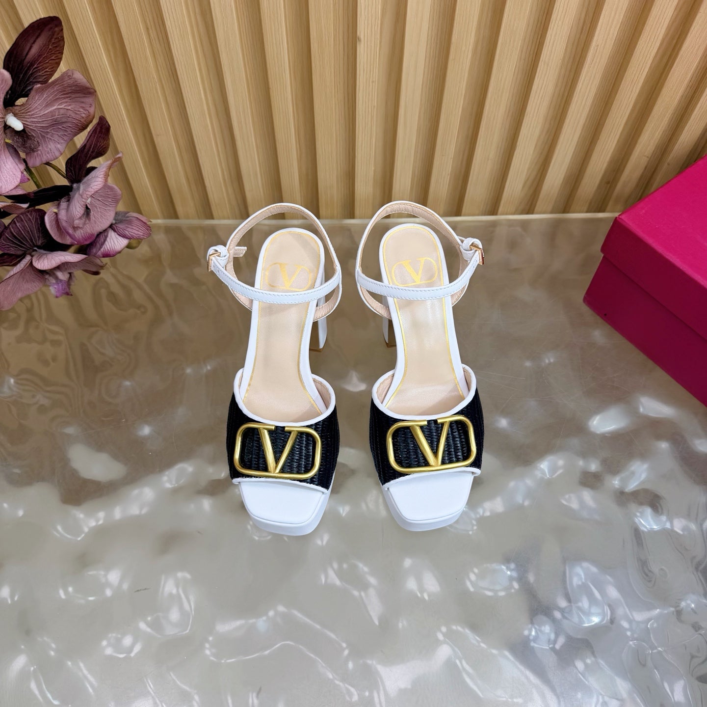 Valentino Signature Platform Sandal Black White Leather Raffia 702264