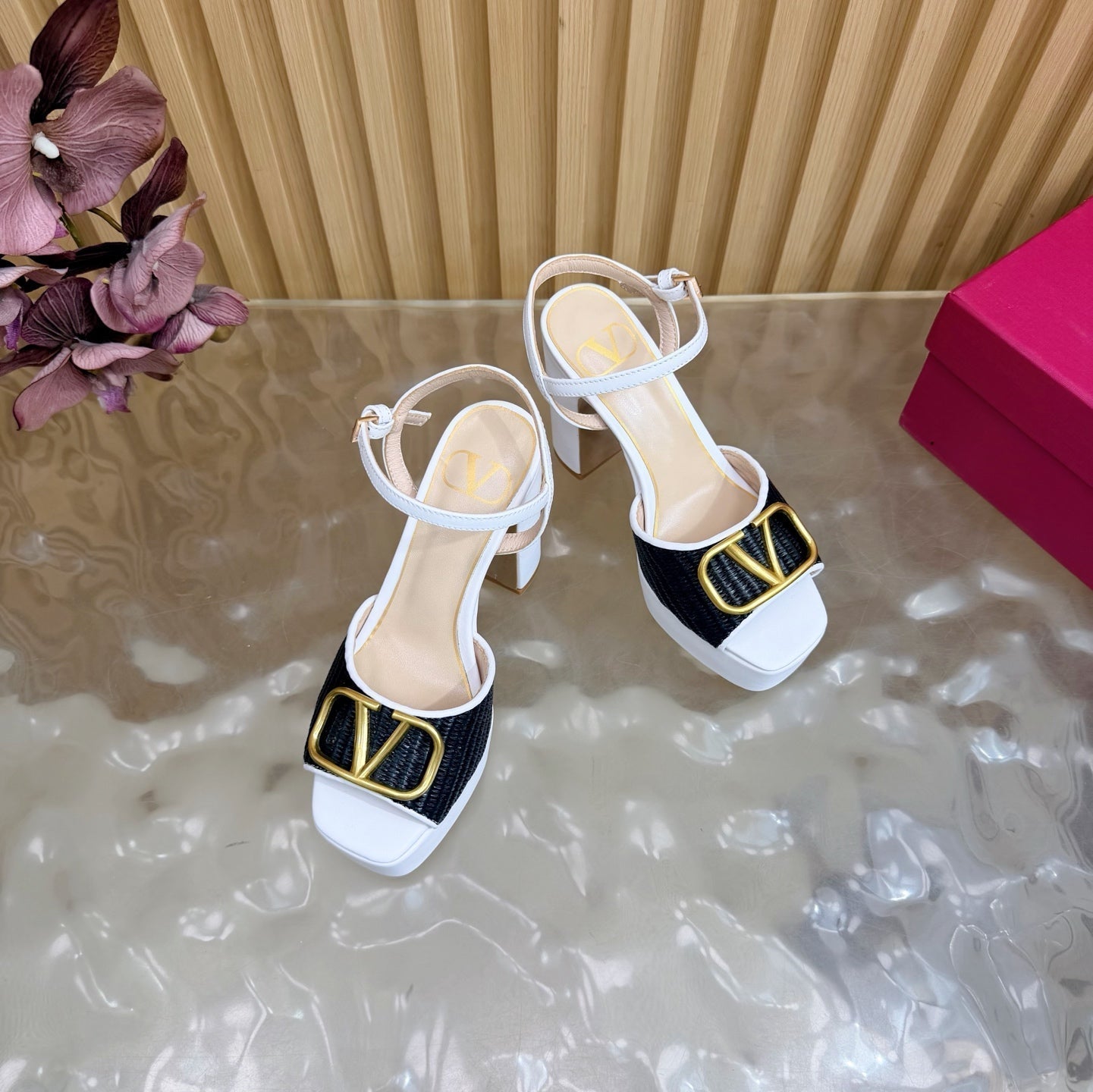 Valentino Signature Platform Sandal Black White Leather Raffia 702264
