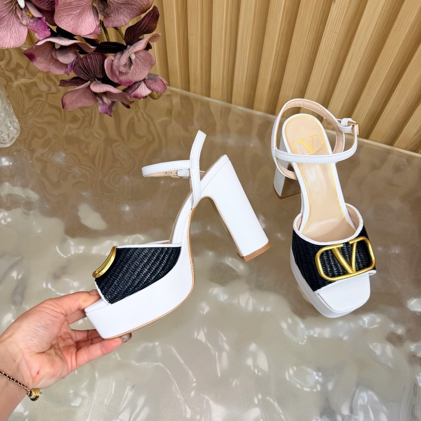 Valentino Signature Platform Sandal Black White Leather Raffia 702264