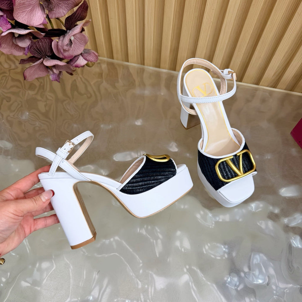 Valentino Signature Platform Sandal Black White Leather Raffia 702264