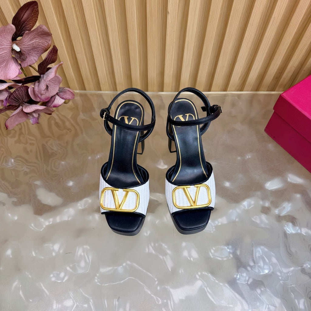 Valentino Signature Platform Sandal Black White Leather Raffia 702265