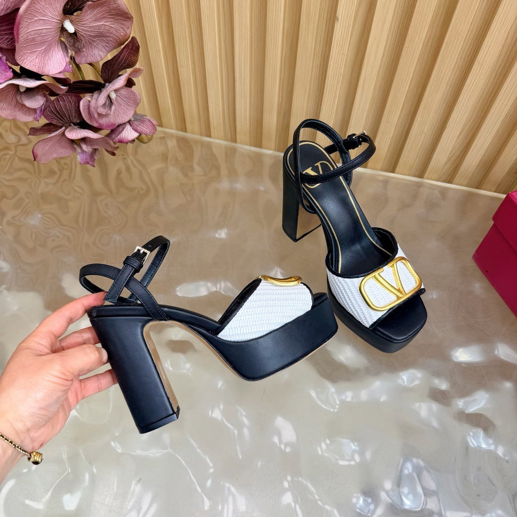 Valentino Signature Platform Sandal Black White Leather Raffia 702265