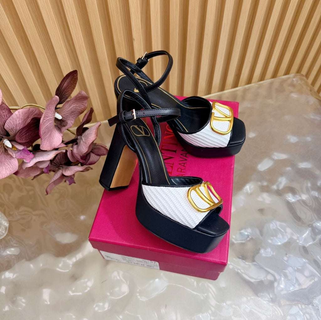 Valentino Signature Platform Sandal Black White Leather Raffia 702265