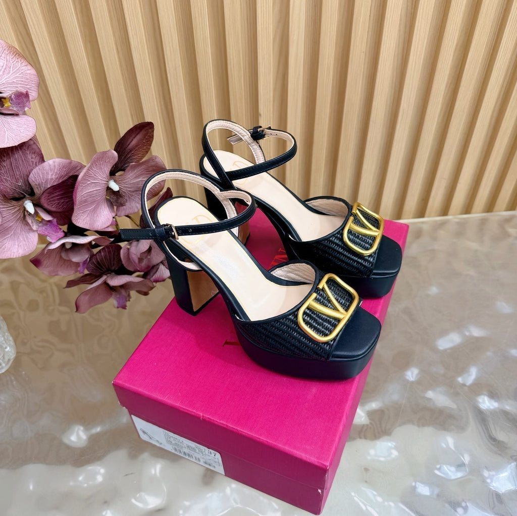 Valentino Signature Platform Sandal Black Leather Raffia 702266
